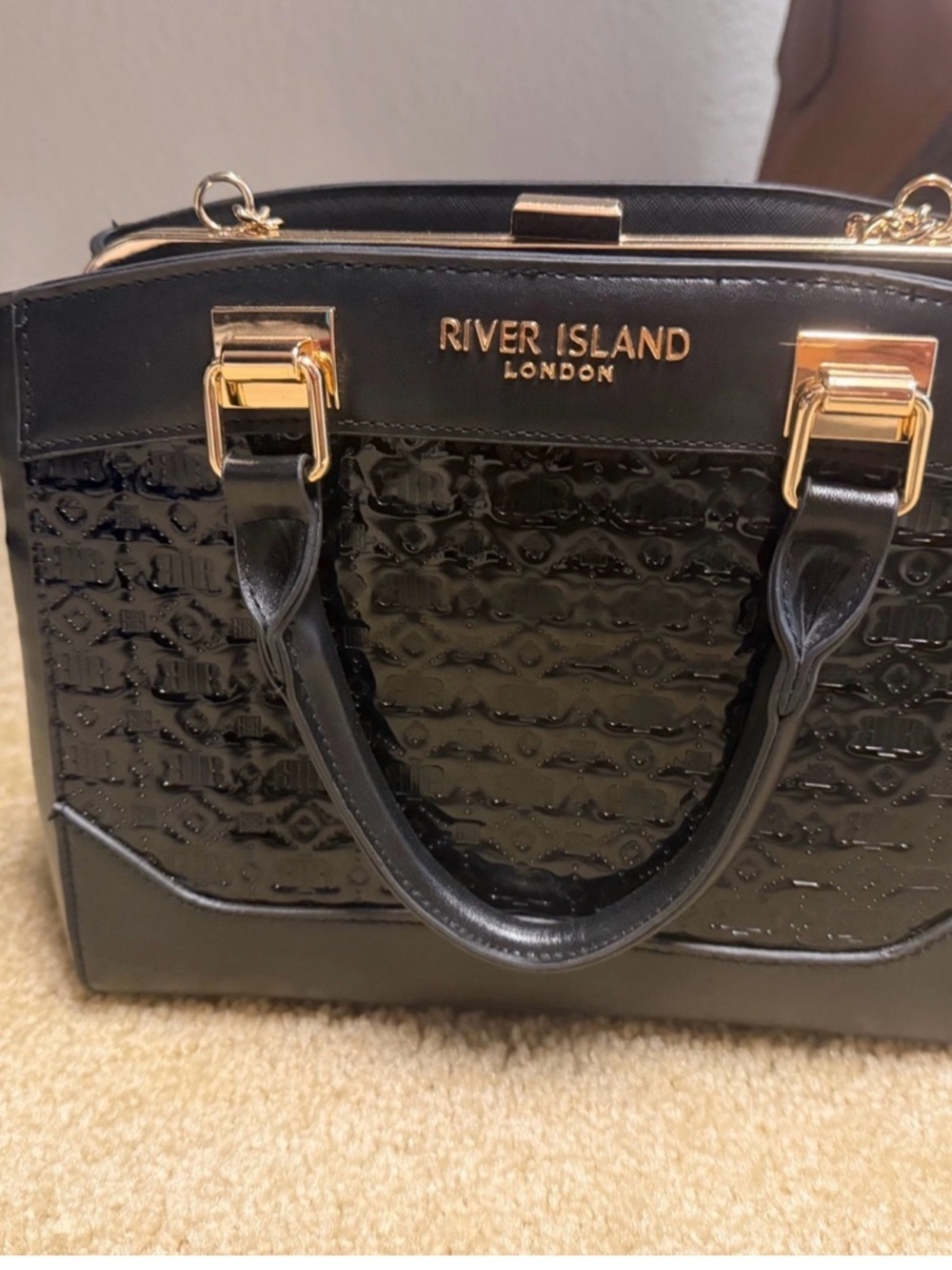 River Island Black Patent Satchel with Gold Hardware